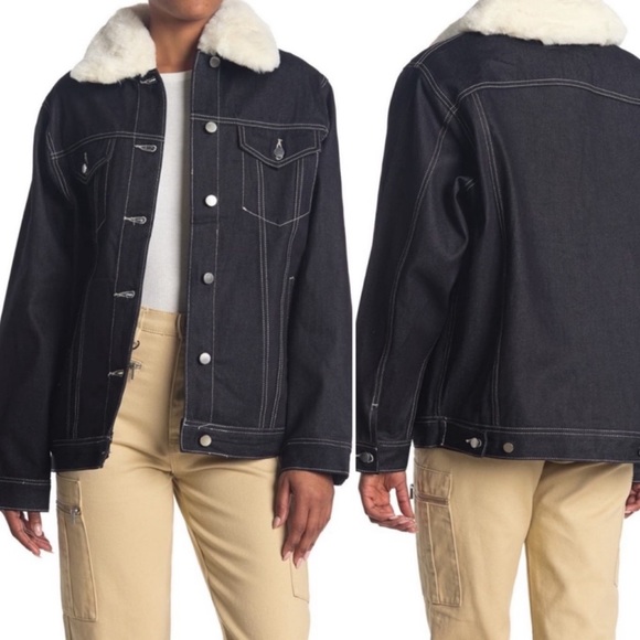 We Wore What Denim Coat Faux Fur Collar Sz Large NWT - Picture 6 of 7